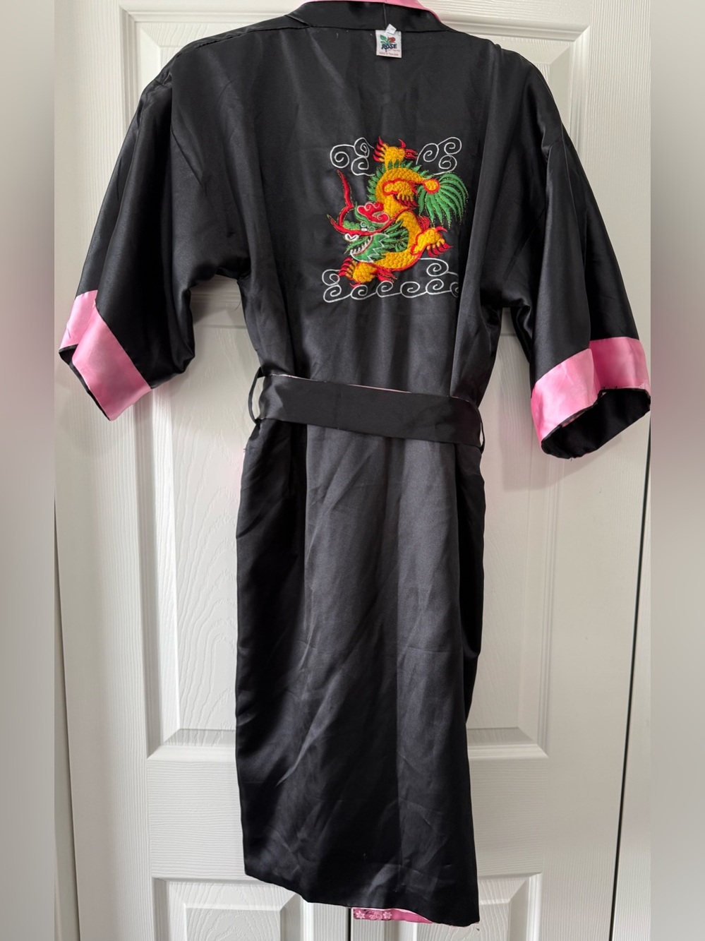 Rose Reversible Dragon Embroidered Satin Kimono Robe Pink Black Medium